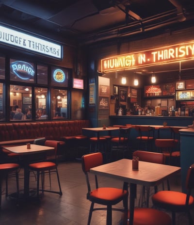 A warm and inviting view of a cozy restaurant interior with a prominent neon sign reading 'Surya' above the text 'Indian Street Food & Drinks'. The inside features a rustic decor with wooden tables and a mixture of chairs. Dim lighting and pendant lamps create a relaxed atmosphere, while reflections in the window hint at street art and an urban setting outside.