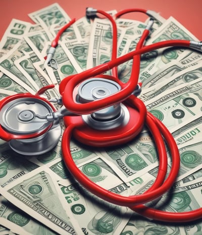 A stethoscope with red tubing placed over a stack of 20-euro banknotes, symbolizing a connection between healthcare and finances.