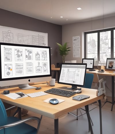 A modern workspace setup featuring a large monitor and a laptop displaying web pages. The desk has a wireless keyboard, a mouse, and a card labeled '#Hashtag Campaign'. The space is clean and organized with a focus on digital content.