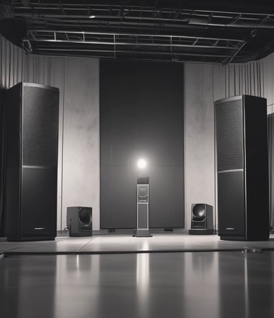 A spacious audio equipment showroom featuring a variety of high-end sound systems. Several tall speakers are aligned against the walls, displaying sleek wooden and metallic finishes. Electronics such as amplifiers and receivers are arranged on modern glass shelves, and a large, plush brown rug covers the floor. A sign on the left side suggests a focus on luxury electronics.