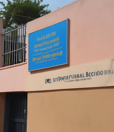 A large auditorium is filled with seated students dressed in uniforms, most of whom are wearing lanyards with identification cards. At the front, there are several individuals, including an older woman in a yellow saree and three men, sitting in blue chairs. The room is well-lit with ceiling lights and has decorated walls.