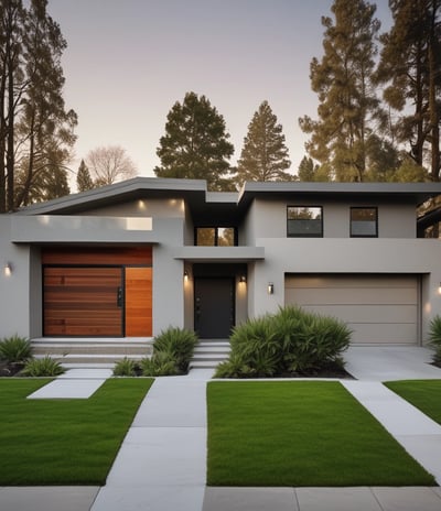 A residential building with a modern architectural design, featuring white walls and large windows. Trees with sparse foliage are in the foreground, and the scene is illuminated by warm, soft lighting, suggesting late afternoon or early evening.