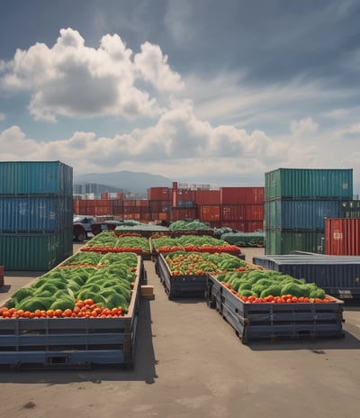 An open van parked outside a building is filled with crates of fresh vegetables, including cabbages, onions, and red bell peppers. The setup suggests an organized distribution or delivery of produce.