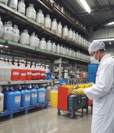 A large cardboard cylinder and a silver foil bag, both labeled with 'CMOAPI' branding, are displayed. The labels include product details such as name, CAS number, weight, and a QR code. In front of them, a small glass dish contains a white powder with a metal spoon inside.