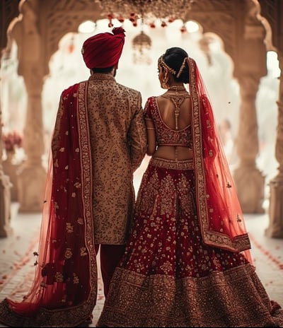a bride and groom in traditional indian wedding attire