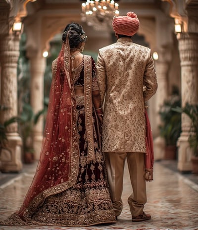 a man and woman in traditional indian wedding attire