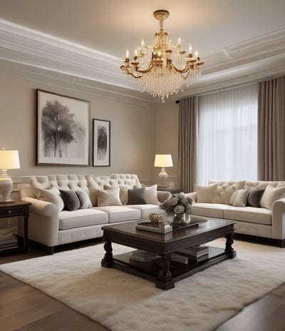 A spacious, well-lit showroom filled with a variety of modern and classic furniture pieces. There are several sofas, armchairs, coffee tables, and dining tables arranged in a cozy and inviting manner. The decor includes vases, cushions, and artistic pieces, and the color scheme is neutral with pops of color from accessories. Large windows in the background provide ample natural light.