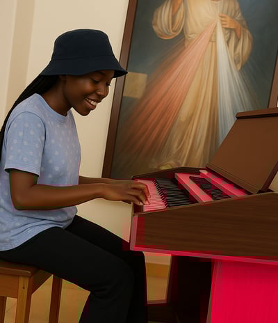 a young Tanzanian woman is playing the piano and smiling from happiness