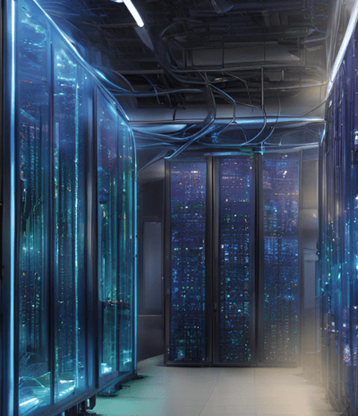 Gabinetes de servidores enlazados a alta velocidad mediante fibra óptica
