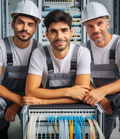 Personal de instalación de fibra óptica en uno de los proyectos de instalación en un Data center