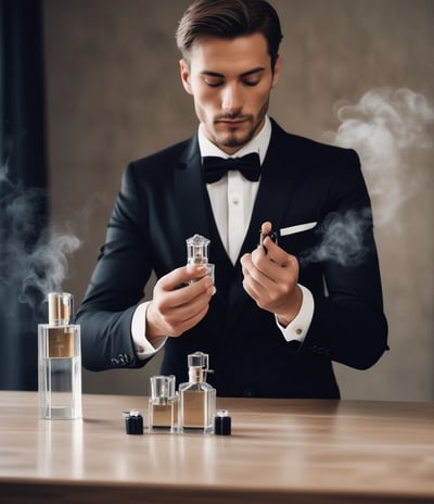 A black and gold cologne bottle rests on dark, crumpled fabric. The bottle has elegant golden details and lettering that enhance its luxurious appearance. The lighting casts rich shadows and highlights, contributing to a sophisticated ambiance.