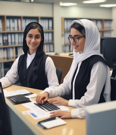 Two women are seated in an office environment, working at a large wooden desk. One woman on the right is typing on a typewriter, while the other woman on the left is sitting with papers in front of her. The office has a traditional aesthetic with a neutral color palette, including a dark filing cabinet in the background and decorative molding on the walls.