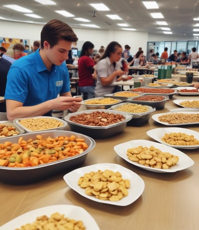 Several cardboard boxes filled with sandwiches and pastries are arranged on a table. The sandwiches, cut into portions, feature various bread types and fillings, including lettuce and other ingredients. In the foreground, croissants are visible on a wooden board, suggesting a casual or catered meal setting.