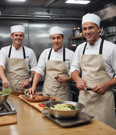 A luxurious buffet setup featuring tropical fruits such as dragon fruit and pineapple arranged in large decorative bowls. Breakfast items, including various cereals and milk cartons, are neatly displayed around a glass ice platter. The background reveals a modern dining area with geometric light fixtures, tables filled with more food items, and staff attending the setup.