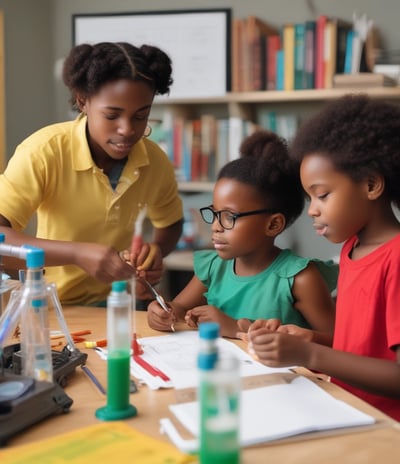 Three children are gathered around a table, intently focused on a colorful activity involving thin, colored sticks. The children appear to be in a classroom or home setting, with kitchen items and writing on a whiteboard visible in the background.