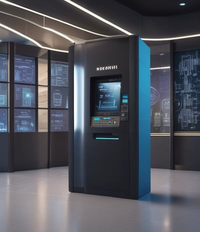 A cryptocurrency ATM is situated in a modern indoor setting. A neon sign that reads 'Bitcoin Accepted Here' is prominently displayed on the wall. A person in the foreground appears slightly blurred, sitting at a table with a cup. The room has a bright and minimalistic design with a clean, industrial look.