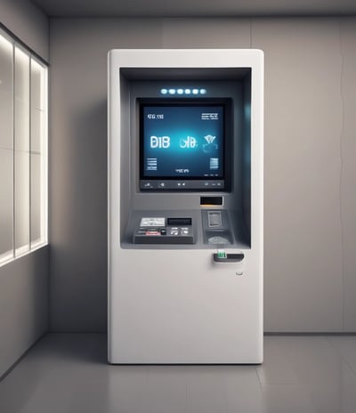 A cryptocurrency ATM is positioned in a modern shopping mall, flanked by two informational signs. The left sign lists currencies available for transaction including Bitcoin, Ethereum, Litecoin, and others, with a company logo at the bottom. The right sign invites users to exchange crypto, displaying symbols and a company logo. Shopper moving with a cart is visible in the background, along with clothing stores.