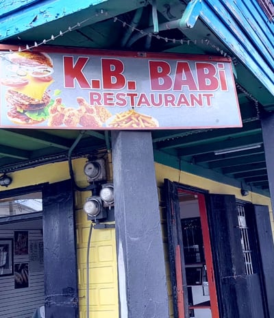 Front view of K.B BABI Restaurant located on Newgate ST and Popeshead St in St Johns, Antigua.