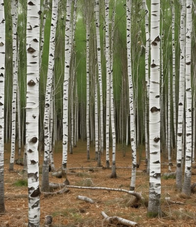 A forest landscape where numerous tree stumps and cut logs are scattered across the foreground, indicating recent deforestation. The background shows a sparse line of trees under a clear sky, with a noticeable reduction in tree density.