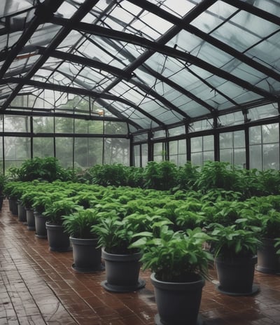 A greenhouse interior is filled with various plants and industrial equipment, including a large blue metal structure resembling a horn. Pipes and mechanical components are integrated with greenery, blending technology with nature. Sunlight filters through the glass ceiling, casting shadows over lush foliage and hanging mosses.