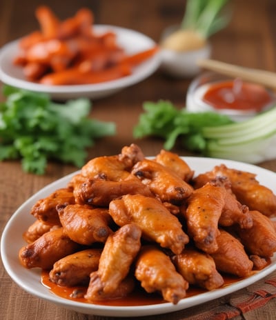 A close-up view of a plate with a single chicken wing placed in front of two small sauce cups. A glass of beer, salt and pepper shakers, and a dark table setting are visible in the background, suggesting a casual dining atmosphere.
