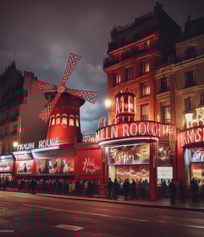 A lively street scene featuring the iconic red windmill and entrance of a famous cabaret venue. The building is adorned with large red signs and decorative elements, surrounded by potted plants in bright red containers. The venue is set against a backdrop of typical Parisian architecture, with multi-story buildings and shops lining the street. A few pedestrians and vehicles can be seen on the road.