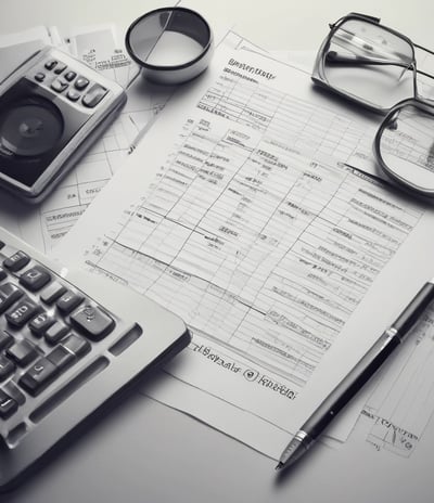 The scene includes a dimly lit workspace with a focus on tax-related documents, a pen, and a mug. The documents are prominently featured on the table, indicating a financial or tax preparation setting.
