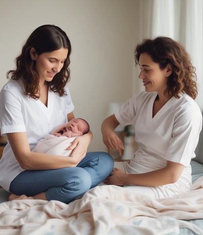 A healthcare professional, dressed in white and wearing gloves, examines a newborn baby while the mother holds the baby on a sofa. A young girl is also present, sitting next to the mother and baby, observing attentively. There is a decorated Christmas tree in the background, indicating a festive atmosphere.