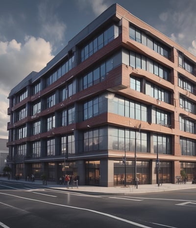 A group of people dressed in formal attire are standing in front of a real estate office. The storefront displays a large sign with an URL and various social media icons, and text in a foreign language. The group mostly consists of men in white shirts and dark trousers, standing in a straight line, with two women at either end of the row.
