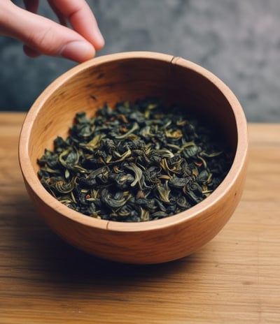 A package of 'Masala Blend' Indian Masala Chai tea on a wooden surface, surrounded by lush green leaves. The packaging is predominantly blue with intricate designs and text in gold and white, featuring an artistic landscape illustration at the bottom.