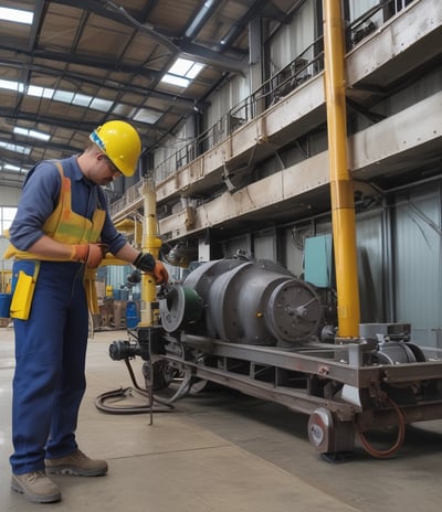 Two workers are engaged in maintenance work on a street, using a specialized vehicle equipped with a hose and large equipment. One worker is handling tools near an open manhole, while the other operates machinery on the vehicle.