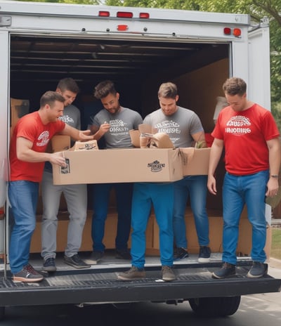 a group of men standing in a moving truck