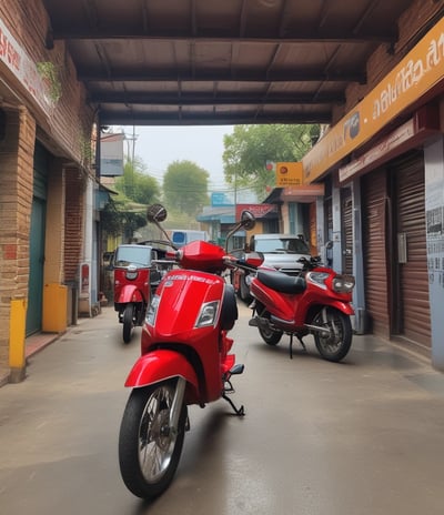 A cluster of motorbikes parked closely together on a street under the shade of a tree. Several signs around indicate the availability of motorbike rentals, with prominent texts like 'For Rent' in bright colors. There is a helmet placed on one of the motorbikes. The setting appears to be in a vibrant area, with greenery and a wooden facade in the background giving a rustic touch.