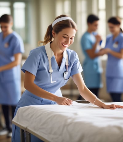 A group of nurses wearing traditional uniforms are gathered around a hospital bed in a clinical setting. One nurse appears to be changing linens or adjusting the bedding of a patient. A basin is placed on the floor, and there is a small table with medical tools and supplies nearby. The setting suggests a hospital or medical training environment from a previous era.