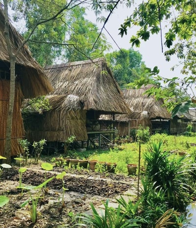 Traditional thatched-roof cottages surrounded by lush gardens at Saigon Garden Homestay.