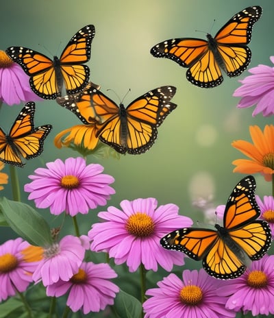 A group of monarch butterflies on purple and orange cornflowers.