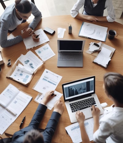 Three people are sitting around a conference table in a modern office. One person is wearing a red blazer and is speaking, while the other two listen and have open laptops in front of them. Papers with charts and graphs are scattered on the table. In the background, there are gray acoustic panels on the wall and a flip chart with colorful notes.