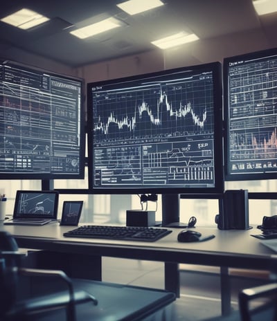 A tablet displaying a detailed digital financial trading interface with various graphs, charts, and numerical data. The screen shows candlestick charts with green and red indicators, illustrating market trends and stock prices.