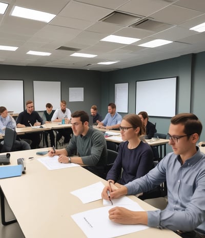 A group of people is engaged in a training session in a conference room setting. A presenter is standing and holding a sheet of paper, addressing the group seated at a round table. The attendees are actively listening, and there's a banner in the background advertising UX training. The room is well-lit, with a flipchart visible at one side.