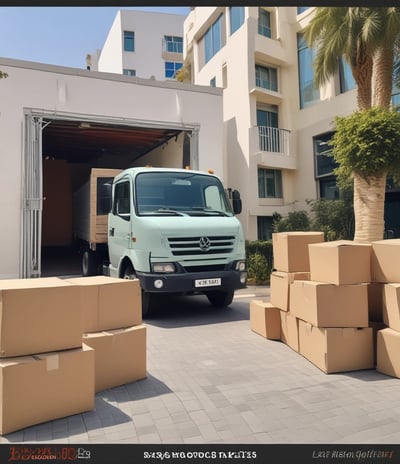 A large moving truck is parked on a residential street with its back doors open and a ramp leading down to the sidewalk. Boxes and furniture can be seen inside the truck, and a person is partially visible inside, seemingly organizing or unloading items. The surrounding area has lush green trees and grass, suggesting it’s a well-kept neighborhood.