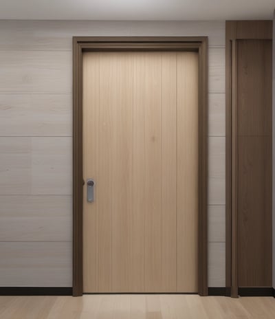 A wooden door with a deep brown color is framed by vertical gray panels. In front of the door, there is a white plastic table and three stacked white plastic chairs with a yellow logo or design on the top chair. The flooring is made of wooden planks, adding a rustic touch to the scene.