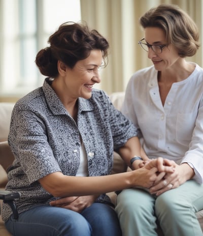 A healthcare professional is assisting a patient in a clinical setting. The patient is sitting on a chair, holding a cup near her mouth. The healthcare worker is wearing gloves and a protective gown, attending to the patient with what appears to be a medical procedure or care routine.