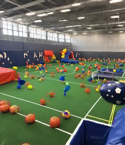A large indoor sports facility featuring a green playing surface, similar to a bowling green. The ceiling is lined with numerous fluorescent lights, giving the space a bright yet serene atmosphere. Red chairs are arranged along the walls, and a scoreboard can be seen in the distance. A person is actively engaged in the game, bending forward as they release a ball, while inset a few spectators or participants are visible on the left side of the space.
