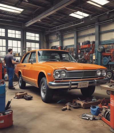 A spacious and well-lit automotive repair shop with several vehicles, including a truck on a lift and another with its hood open. The area is organized with tools and equipment scattered around workstations, with blue car lifts and various service bays visible.