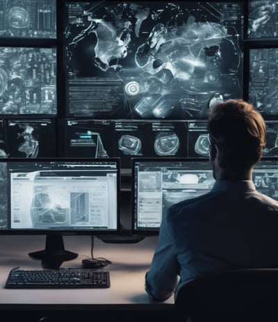 a man sitting at a desk with multiple monitors and multiple monitors