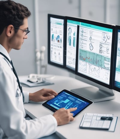a man in a white lab coat and a tablet computer