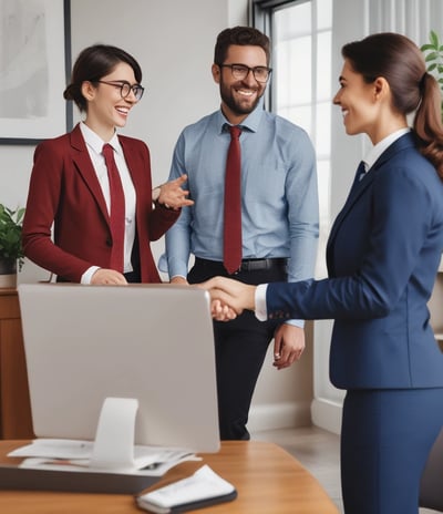 A professional consultation setting with a medical professional sitting at a desk facing a client. The room has a modern aesthetic with white walls decorated with framed certificates. The desk is organized with office supplies, a laptop, and a fruit bowl in the center.
