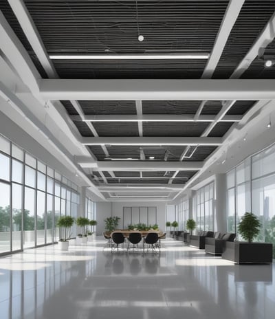 A spacious office interior with a tiled floor transitioning to a polished concrete surface. There are several closed office doors along the left side of the room, some with small windows. Office furniture is arranged around the room, including desks and chairs. A small office room is visible through an open door, equipped with a desk and chair. The ceiling features a grid of overhead lights, providing a well-lit atmosphere.