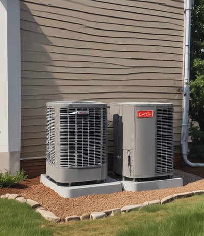 A row of air conditioning units is installed on the rooftop of a building. A person, wearing a hat, is working on one of the units. The building has several ventilators and metal ducts extending from it. The sky is clear and blue.