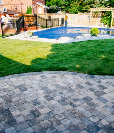 a backyard pool with a pool and a dog